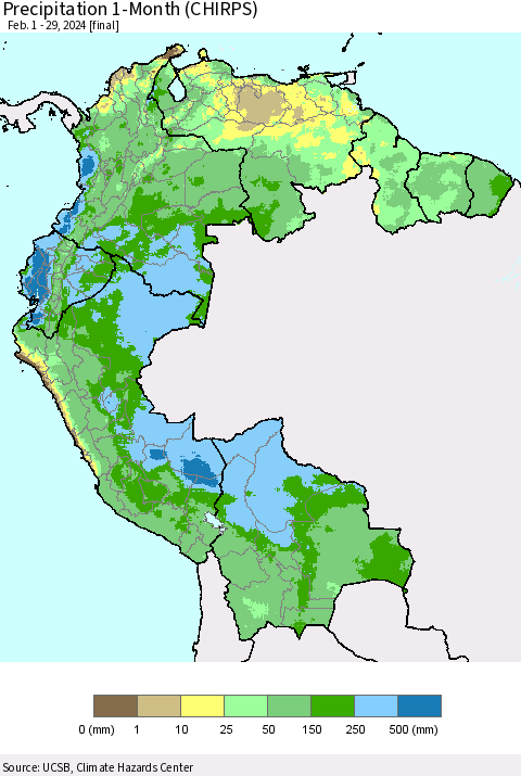 Northern South America Precipitation 1-Month (CHIRPS) Thematic Map For 2/1/2024 - 2/29/2024