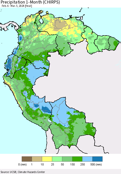 Northern South America Precipitation 1-Month (CHIRPS) Thematic Map For 2/6/2024 - 3/5/2024