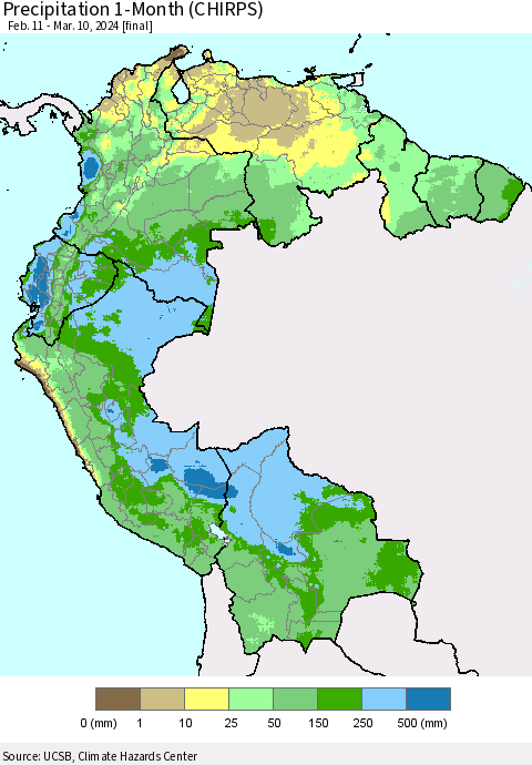 Northern South America Precipitation 1-Month (CHIRPS) Thematic Map For 2/11/2024 - 3/10/2024