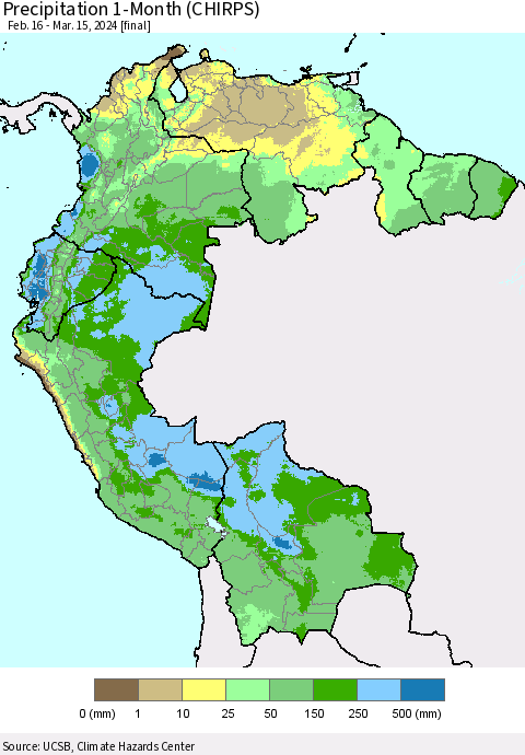 Northern South America Precipitation 1-Month (CHIRPS) Thematic Map For 2/16/2024 - 3/15/2024