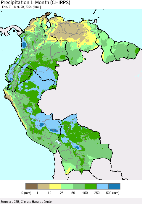 Northern South America Precipitation 1-Month (CHIRPS) Thematic Map For 2/21/2024 - 3/20/2024