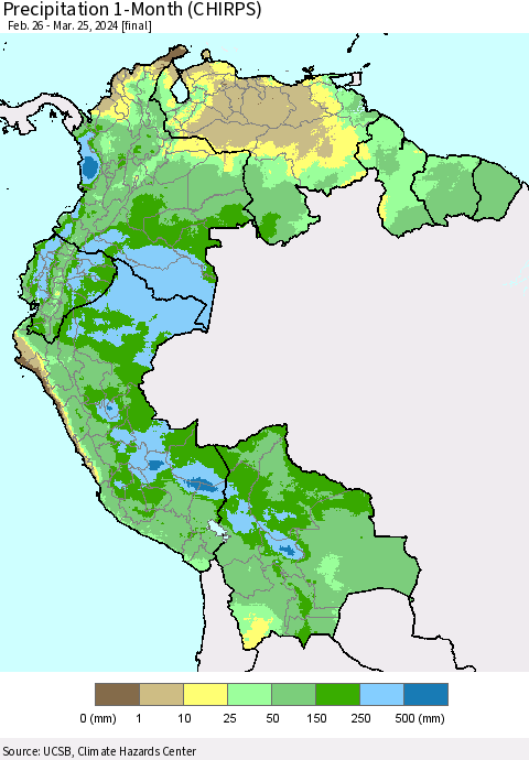 Northern South America Precipitation 1-Month (CHIRPS) Thematic Map For 2/26/2024 - 3/25/2024