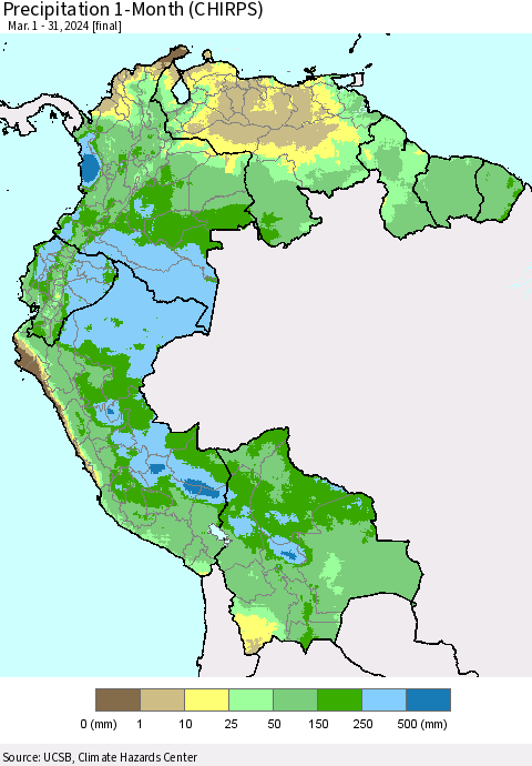 Northern South America Precipitation 1-Month (CHIRPS) Thematic Map For 3/1/2024 - 3/31/2024