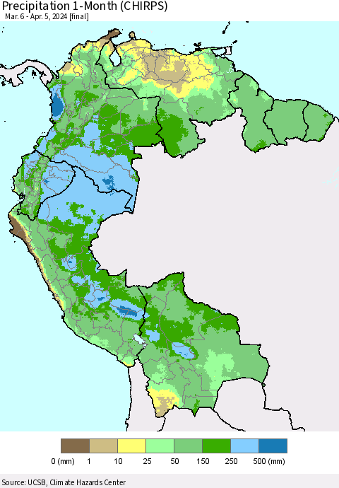 Northern South America Precipitation 1-Month (CHIRPS) Thematic Map For 3/6/2024 - 4/5/2024