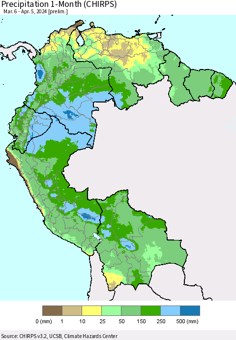 Northern South America Precipitation 1-Month (CHIRPS) Thematic Map For 3/6/2024 - 4/5/2024
