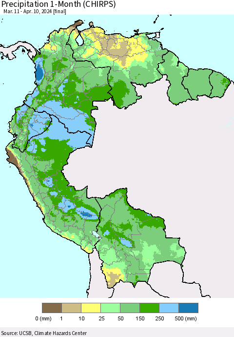 Northern South America Precipitation 1-Month (CHIRPS) Thematic Map For 3/11/2024 - 4/10/2024