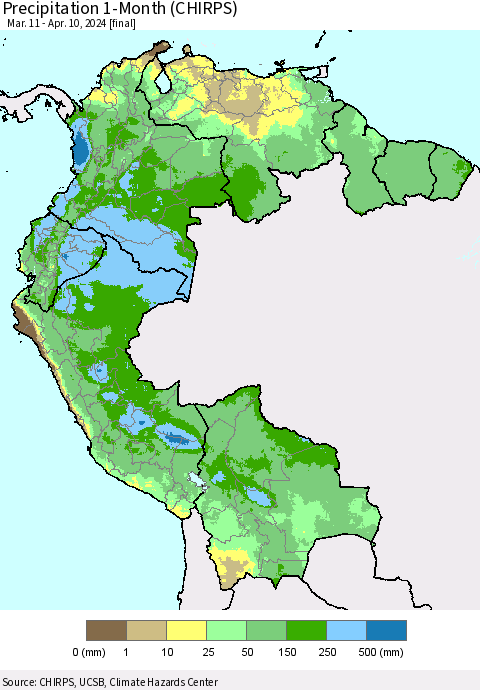 Northern South America Precipitation 1-Month (CHIRPS) Thematic Map For 3/11/2024 - 4/10/2024