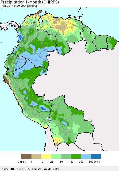 Northern South America Precipitation 1-Month (CHIRPS) Thematic Map For 3/11/2024 - 4/10/2024