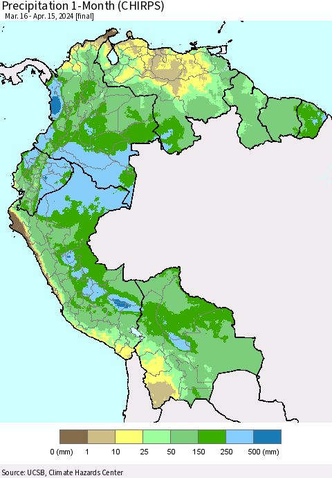 Northern South America Precipitation 1-Month (CHIRPS) Thematic Map For 3/16/2024 - 4/15/2024