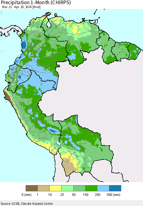 Northern South America Precipitation 1-Month (CHIRPS) Thematic Map For 3/21/2024 - 4/20/2024