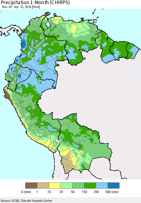 Northern South America Precipitation 1-Month (CHIRPS) Thematic Map For 3/26/2024 - 4/25/2024