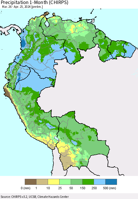 Northern South America Precipitation 1-Month (CHIRPS) Thematic Map For 3/26/2024 - 4/25/2024
