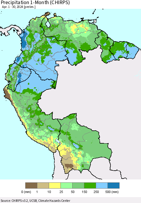 Northern South America Precipitation 1-Month (CHIRPS) Thematic Map For 4/1/2024 - 4/30/2024