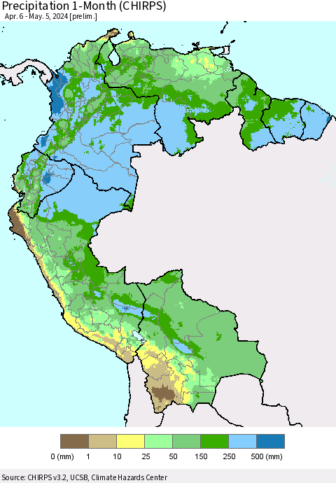 Northern South America Precipitation 1-Month (CHIRPS) Thematic Map For 4/6/2024 - 5/5/2024