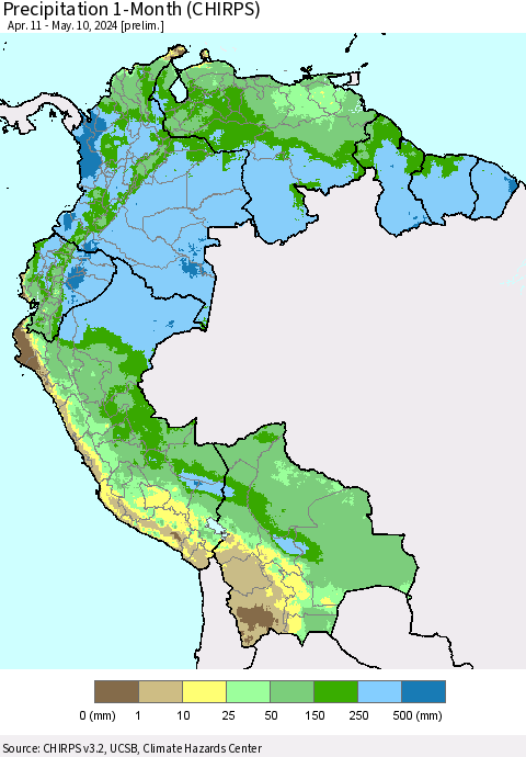 Northern South America Precipitation 1-Month (CHIRPS) Thematic Map For 4/11/2024 - 5/10/2024