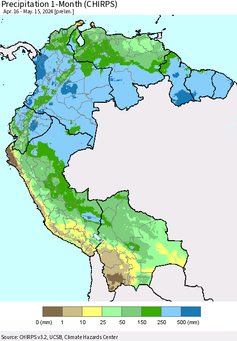 Northern South America Precipitation 1-Month (CHIRPS) Thematic Map For 4/16/2024 - 5/15/2024