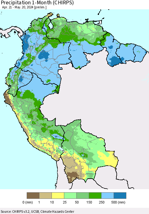 Northern South America Precipitation 1-Month (CHIRPS) Thematic Map For 4/21/2024 - 5/20/2024