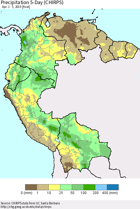 Northern South America Precipitation 5-Day (CHIRPS) Thematic Map For 4/1/2019 - 4/5/2019