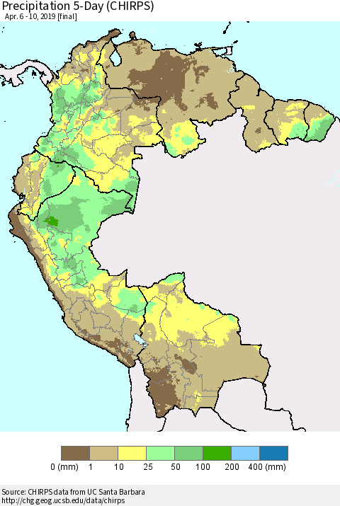 Northern South America Precipitation 5-Day (CHIRPS) Thematic Map For 4/6/2019 - 4/10/2019