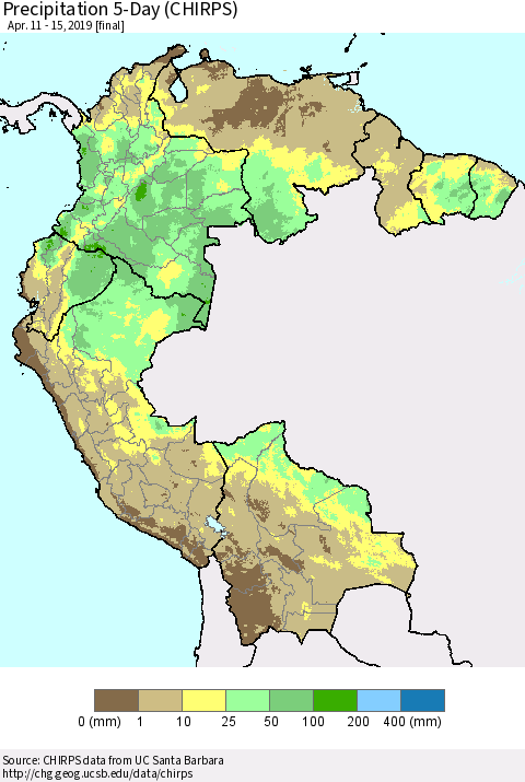 Northern South America Precipitation 5-Day (CHIRPS) Thematic Map For 4/11/2019 - 4/15/2019