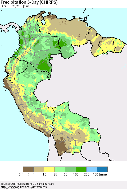 Northern South America Precipitation 5-Day (CHIRPS) Thematic Map For 4/16/2019 - 4/20/2019