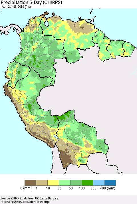 Northern South America Precipitation 5-Day (CHIRPS) Thematic Map For 4/21/2019 - 4/25/2019