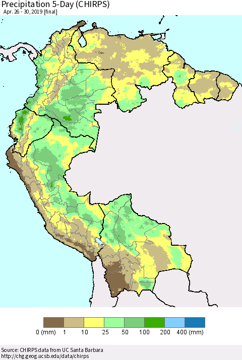 Northern South America Precipitation 5-Day (CHIRPS) Thematic Map For 4/26/2019 - 4/30/2019