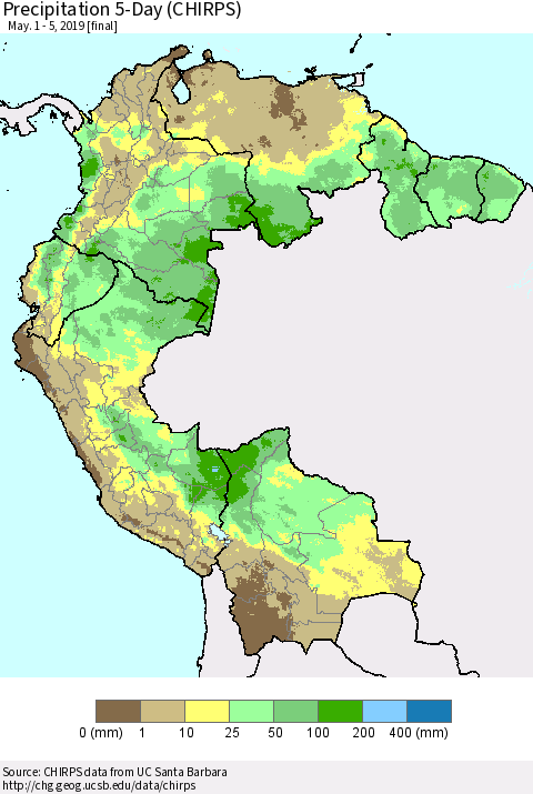 Northern South America Precipitation 5-Day (CHIRPS) Thematic Map For 5/1/2019 - 5/5/2019
