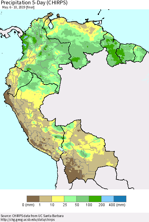 Northern South America Precipitation 5-Day (CHIRPS) Thematic Map For 5/6/2019 - 5/10/2019