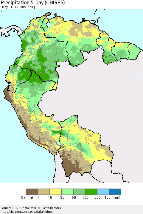Northern South America Precipitation 5-Day (CHIRPS) Thematic Map For 5/11/2019 - 5/15/2019