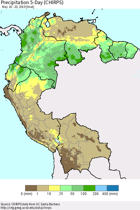 Northern South America Precipitation 5-Day (CHIRPS) Thematic Map For 5/16/2019 - 5/20/2019