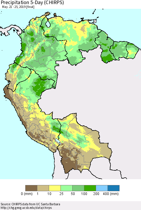 Northern South America Precipitation 5-Day (CHIRPS) Thematic Map For 5/21/2019 - 5/25/2019