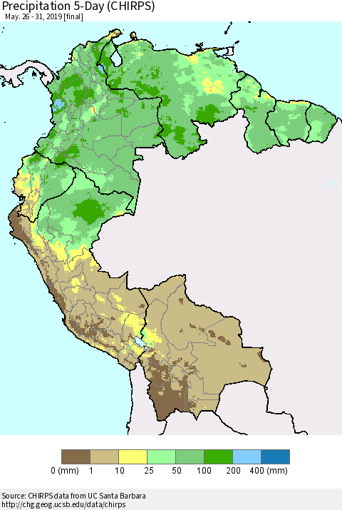 Northern South America Precipitation 5-Day (CHIRPS) Thematic Map For 5/26/2019 - 5/31/2019