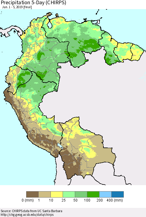 Northern South America Precipitation 5-Day (CHIRPS) Thematic Map For 6/1/2019 - 6/5/2019
