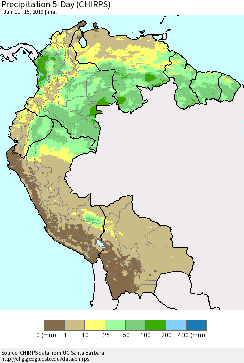 Northern South America Precipitation 5-Day (CHIRPS) Thematic Map For 6/11/2019 - 6/15/2019