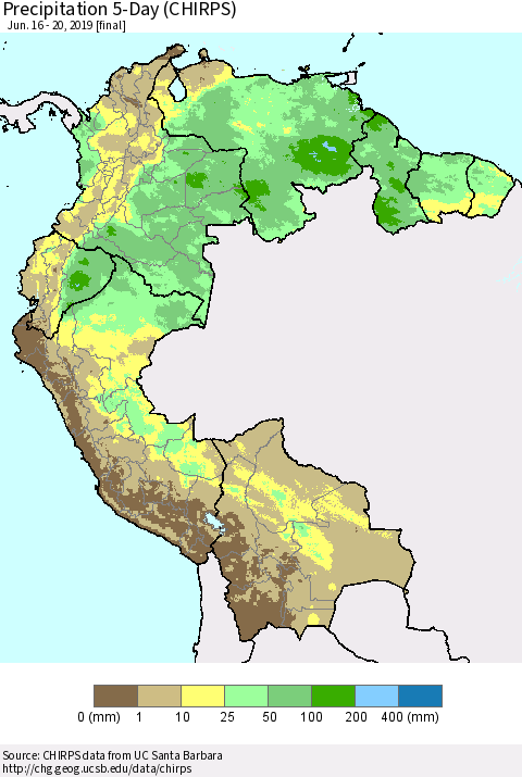 Northern South America Precipitation 5-Day (CHIRPS) Thematic Map For 6/16/2019 - 6/20/2019
