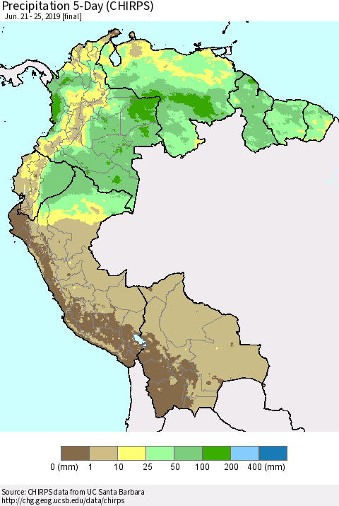Northern South America Precipitation 5-Day (CHIRPS) Thematic Map For 6/21/2019 - 6/25/2019