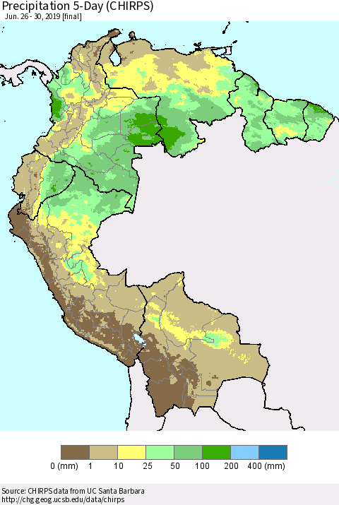 Northern South America Precipitation 5-Day (CHIRPS) Thematic Map For 6/26/2019 - 6/30/2019