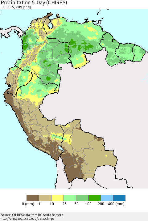 Northern South America Precipitation 5-Day (CHIRPS) Thematic Map For 7/1/2019 - 7/5/2019