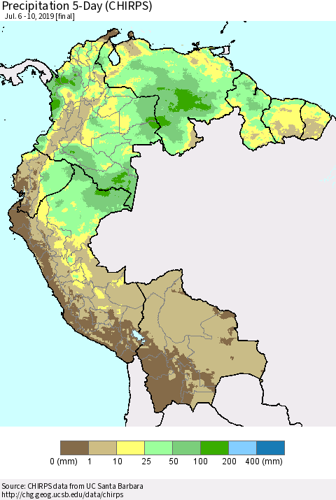 Northern South America Precipitation 5-Day (CHIRPS) Thematic Map For 7/6/2019 - 7/10/2019