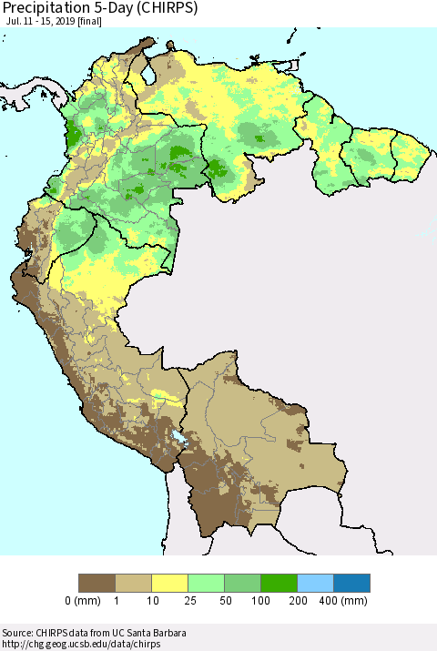 Northern South America Precipitation 5-Day (CHIRPS) Thematic Map For 7/11/2019 - 7/15/2019