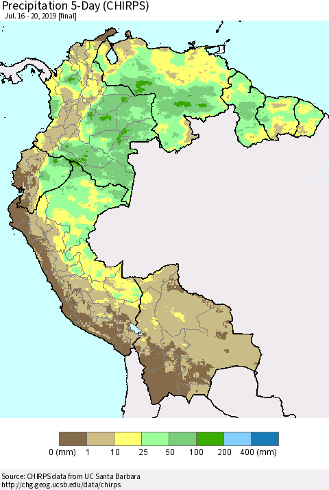 Northern South America Precipitation 5-Day (CHIRPS) Thematic Map For 7/16/2019 - 7/20/2019