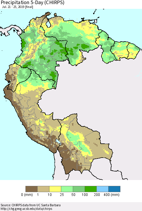 Northern South America Precipitation 5-Day (CHIRPS) Thematic Map For 7/21/2019 - 7/25/2019