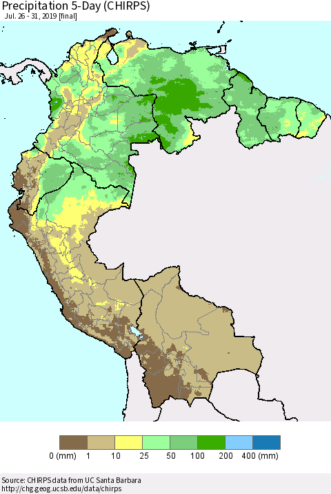 Northern South America Precipitation 5-Day (CHIRPS) Thematic Map For 7/26/2019 - 7/31/2019