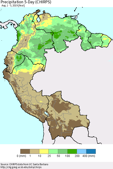 Northern South America Precipitation 5-Day (CHIRPS) Thematic Map For 8/1/2019 - 8/5/2019