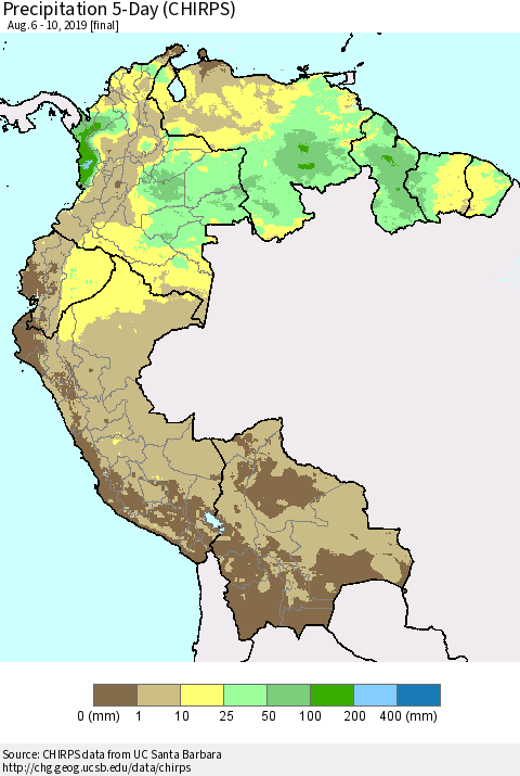 Northern South America Precipitation 5-Day (CHIRPS) Thematic Map For 8/6/2019 - 8/10/2019