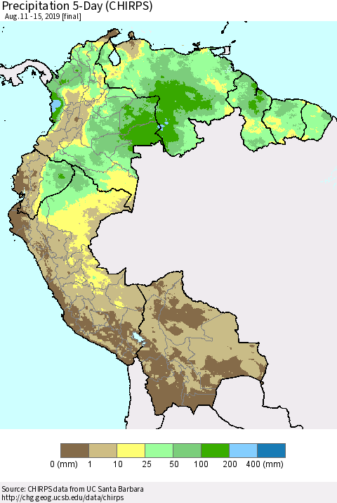Northern South America Precipitation 5-Day (CHIRPS) Thematic Map For 8/11/2019 - 8/15/2019