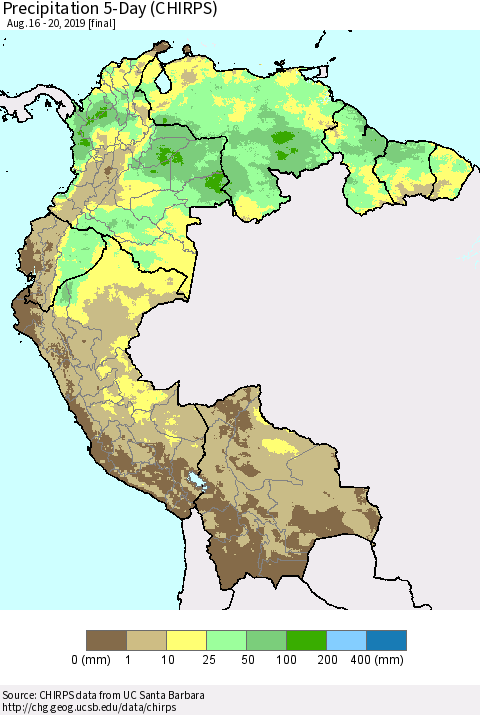 Northern South America Precipitation 5-Day (CHIRPS) Thematic Map For 8/16/2019 - 8/20/2019