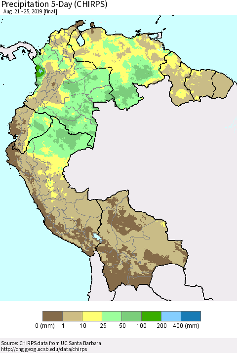 Northern South America Precipitation 5-Day (CHIRPS) Thematic Map For 8/21/2019 - 8/25/2019
