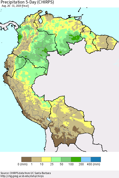 Northern South America Precipitation 5-Day (CHIRPS) Thematic Map For 8/26/2019 - 8/31/2019